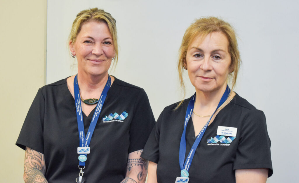 Left is Sharon Steed with Dale Simi, Cadet Peer Supervisors at Health New Zealand Hawke's Bay (working together with Cadet Team Lead Hayley Reid and Clinical Nurse Educator Anna Harvey not pictured)